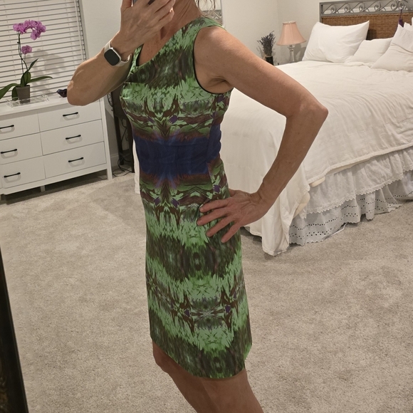 Aidan Mattox Green Purple Rust Asymmetrical Cocktail Dress - Picture 4 of 7